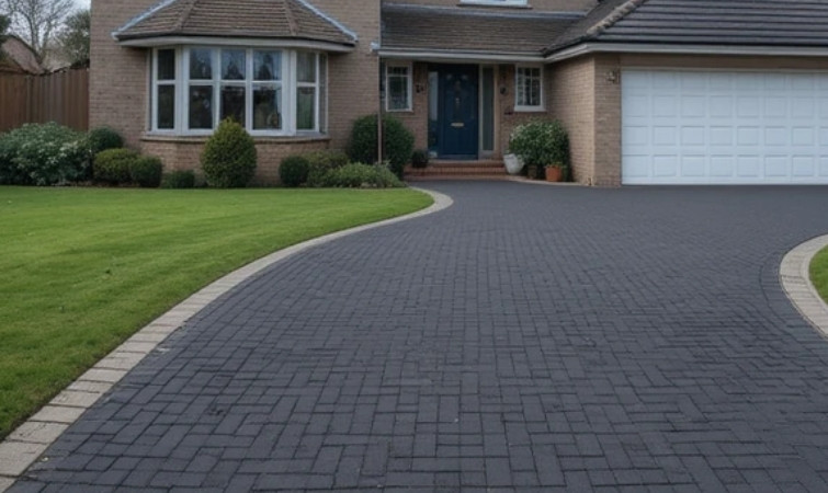 After image of the same detached house with a freshly sealed charcoal black herringbone block driveway and green lawn