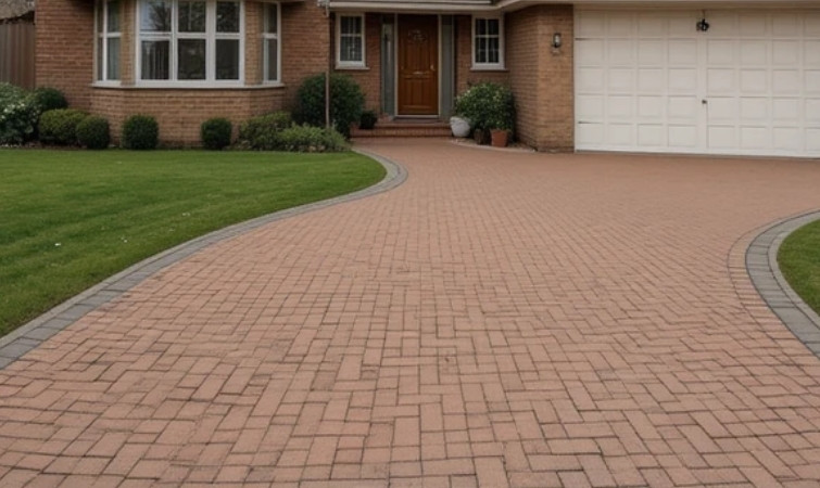 Before image of a detached house with a curved red block paved driveway and green lawn