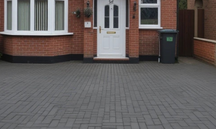 Professionally painted grey block paving driveway with a clean, modern finish in front of a red brick house.