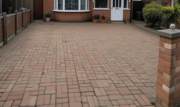 Before image showing a UK semi-detached house with faded red block paving driveway