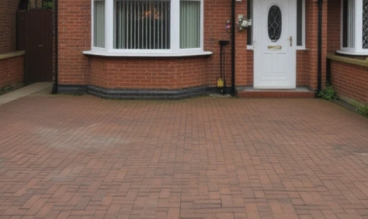 Unpainted red block paving driveway in front of a red brick house with a white door and bay window.