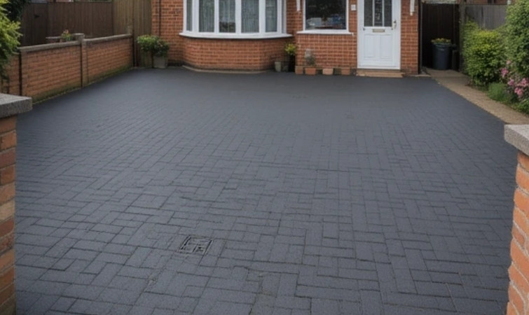 Before image showing a UK semi-detached house with faded red block paving driveway